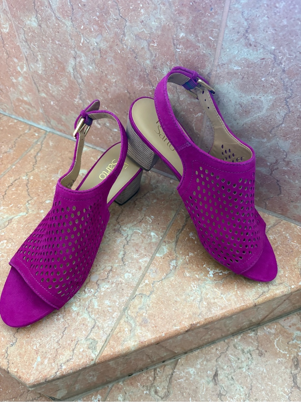 Franco Sarto Magenta Perforated Suede Slingback Heels